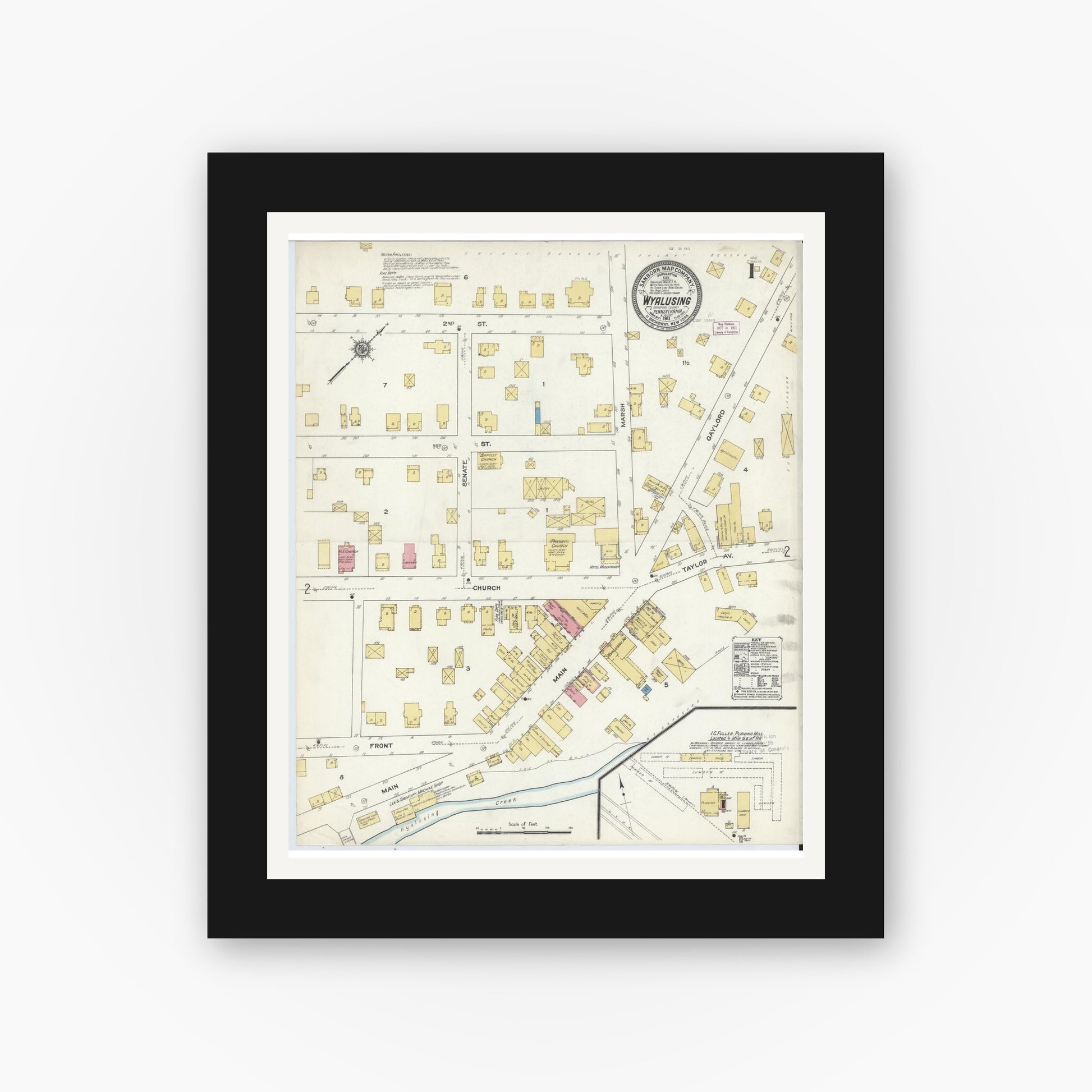 Old map wall art mockup — black gallery frame with white mat — Sanborn Fire Insurance Map from Wyalusing, Wyoming County, Pennsylvania (1911) - Complete Map Set