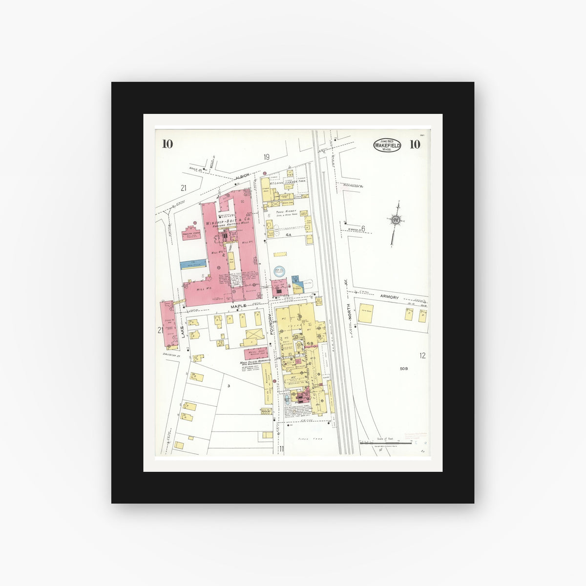 Old map wall art mockup — black gallery frame with white mat — Sanborn Fire Insurance Map from Wakefield, Middlesex County, Massachusetts (1923), Sheet #0010