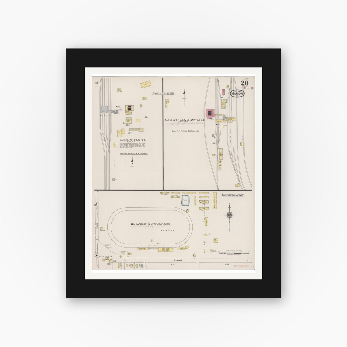 Old map wall art mockup — black gallery frame with white mat — Sanborn Fire Insurance Map from Marion, Williamson County, Illinois (1922), Sheet #0020