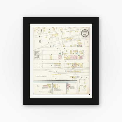 Old map wall art mockup — black gallery frame with white mat — Sanborn Fire Insurance Map from Tama, Tama County, Iowa (1888) â€” Complete Set