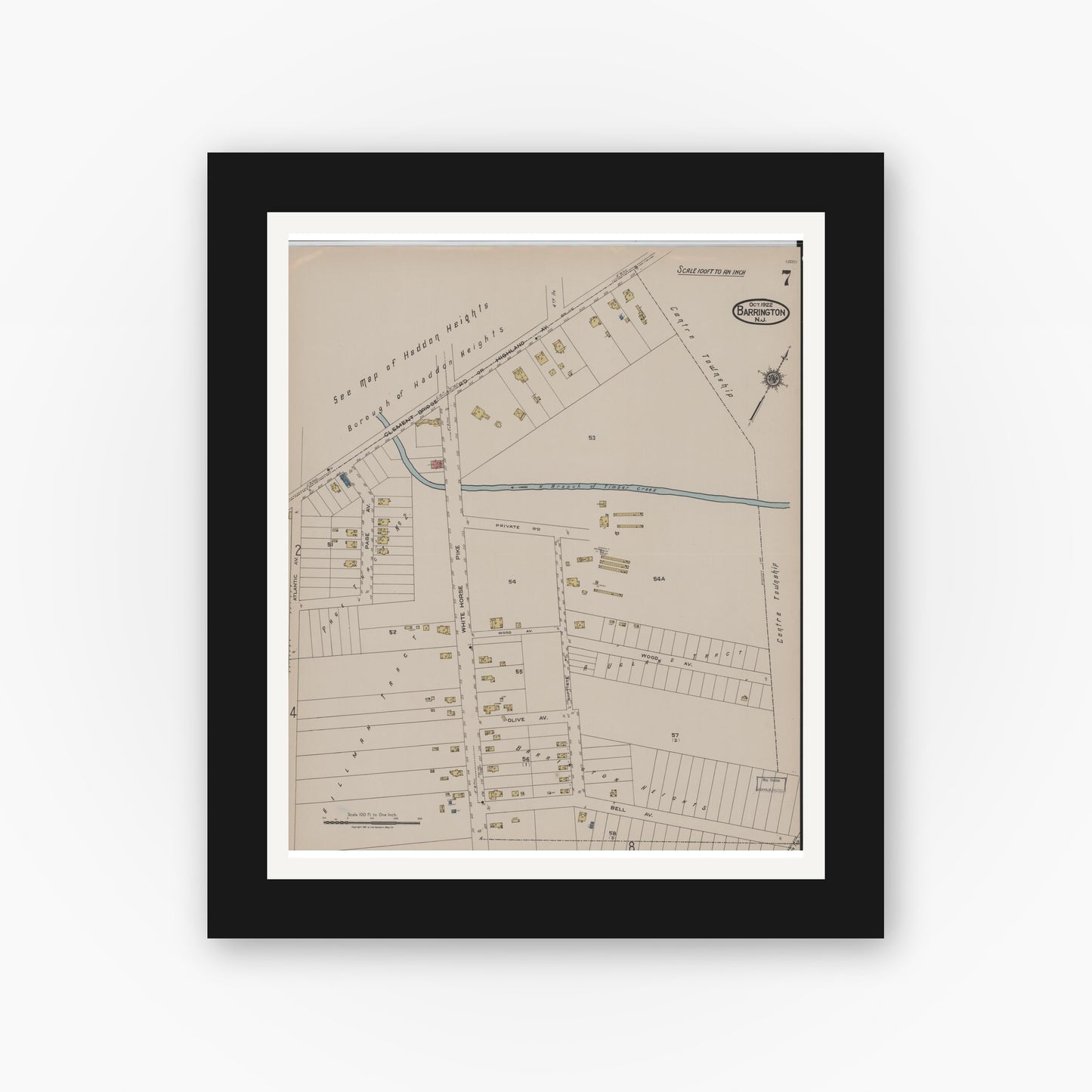 Old map wall art mockup — black gallery frame with white mat — Sanborn Fire Insurance Map from Barrington, Camden County, New Jersey (1922), Sheet #0007