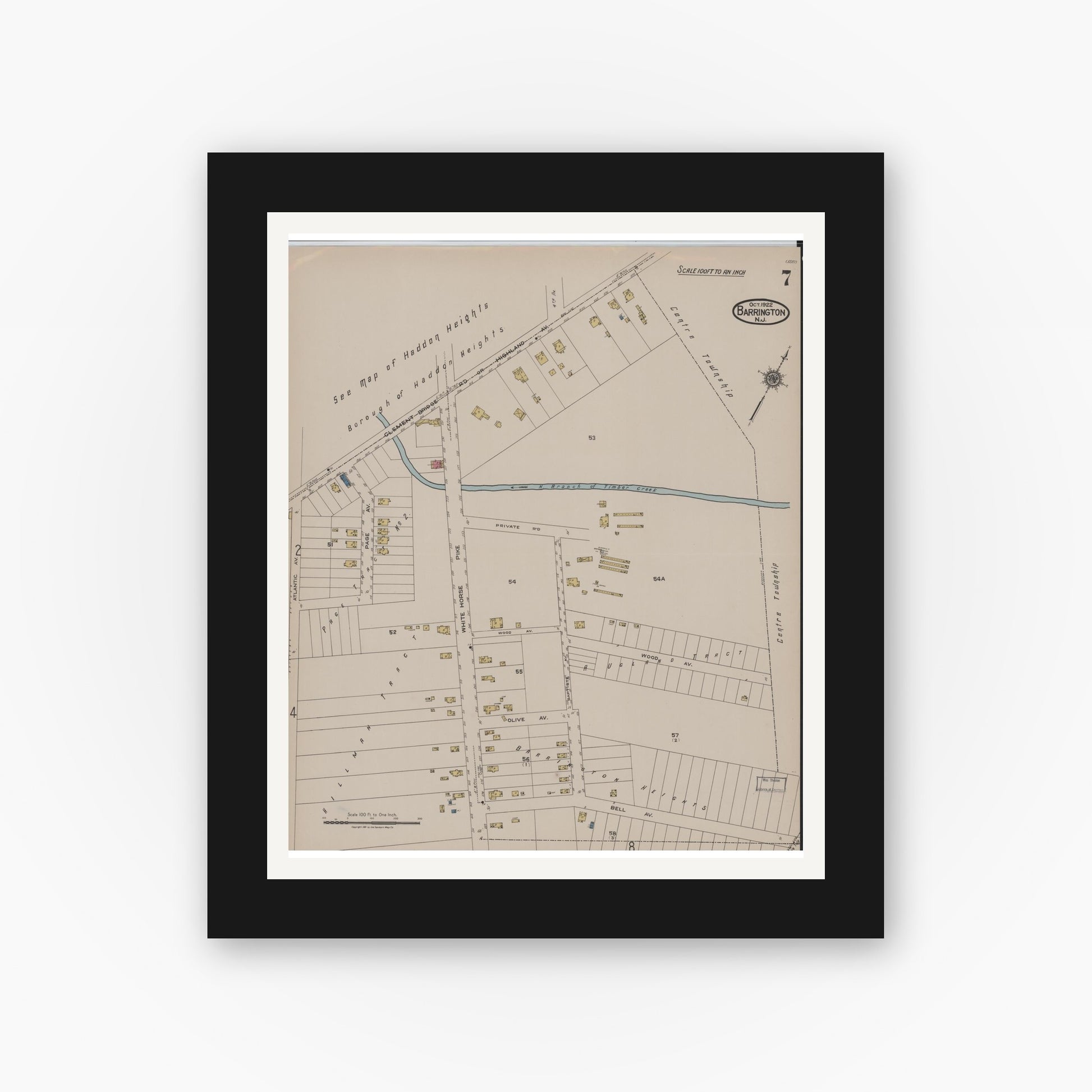 Old map wall art mockup — black gallery frame with white mat — Sanborn Fire Insurance Map from Barrington, Camden County, New Jersey (1922), Sheet #0007