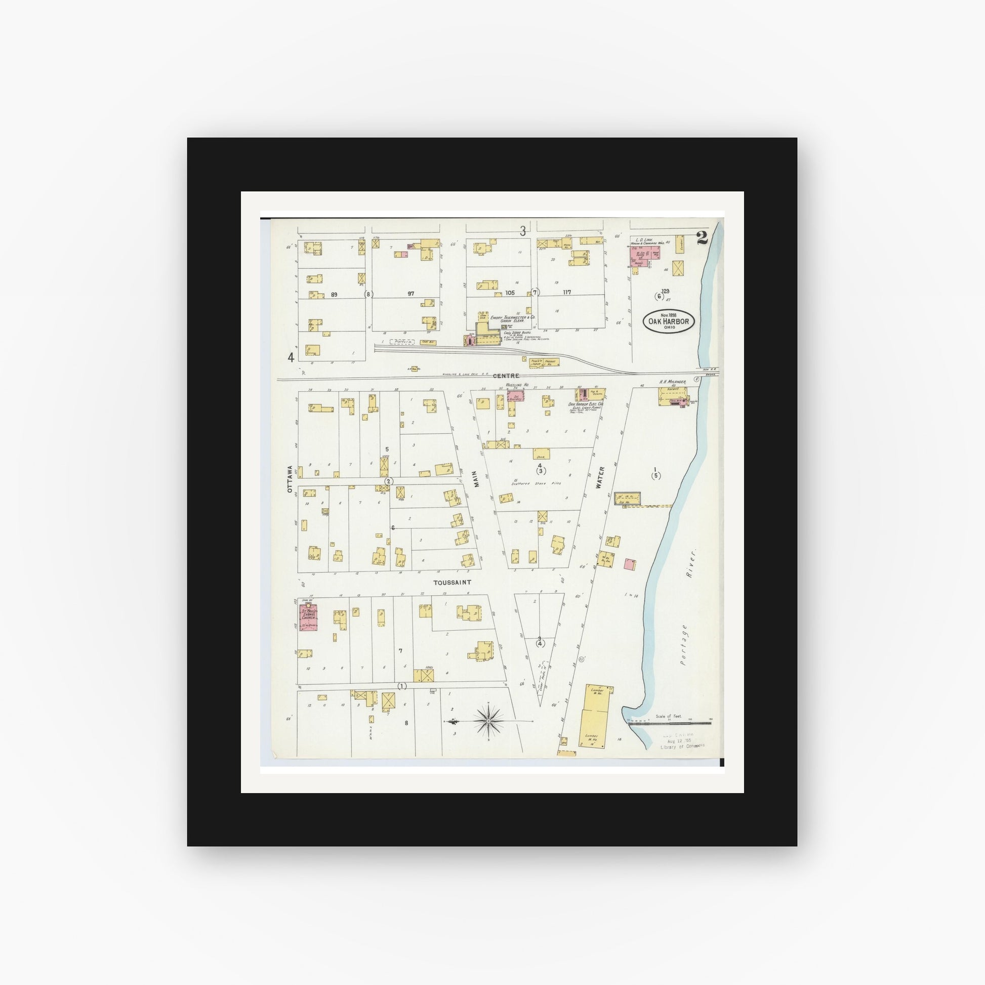 Old map wall art mockup — black gallery frame with white mat — Sanborn Fire Insurance Map from Oak Harbor, Ottawa County, Ohio (1898), Sheet #0002