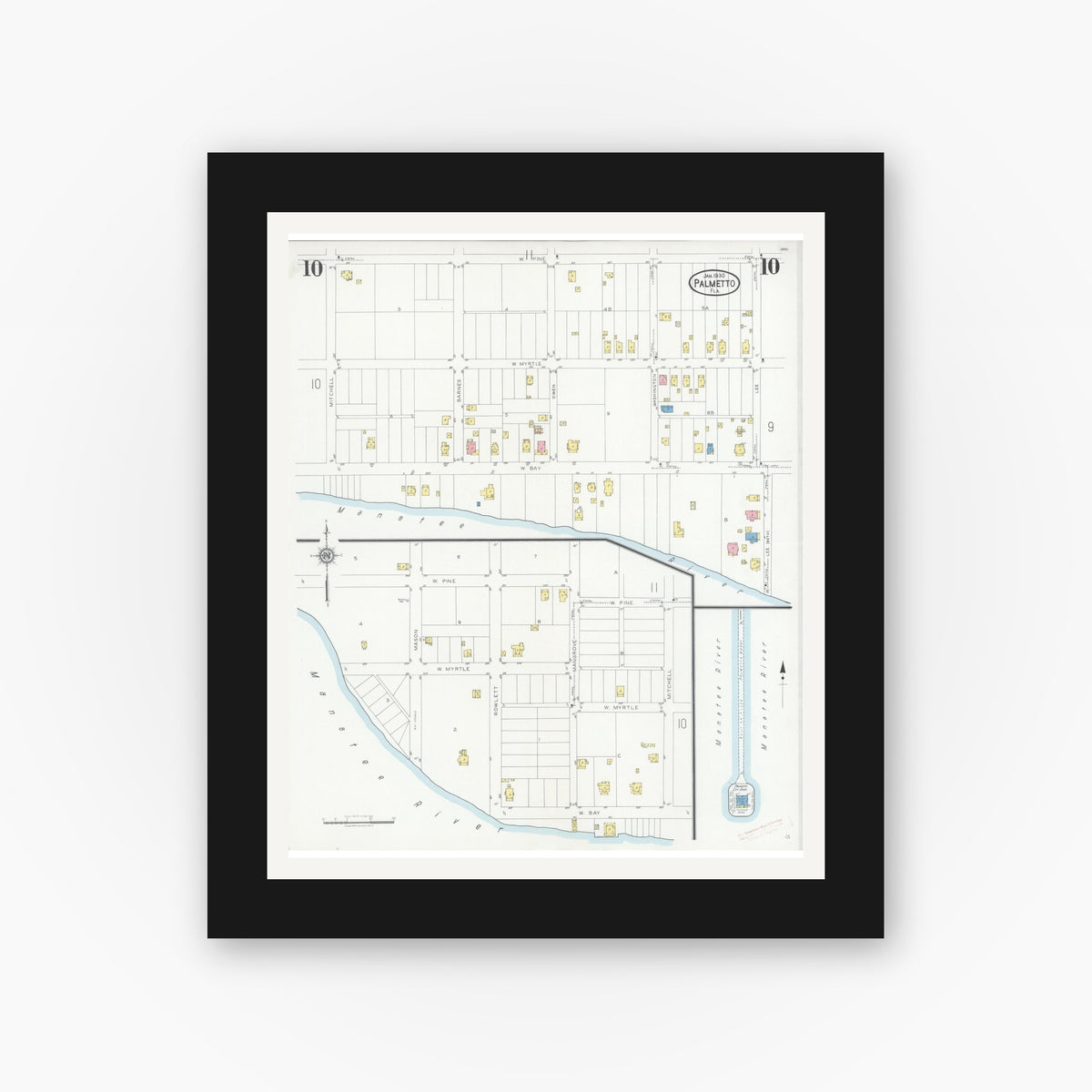 Old map wall art mockup — black gallery frame with white mat — Sanborn Fire Insurance Map from Palmetto, Manatee County, Florida (1930), Sheet #0010