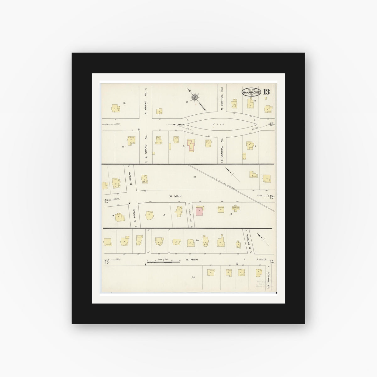 Old map wall art mockup — black gallery frame with white mat — Sanborn Fire Insurance Map from Waxahachie, Ellis County, Texas (1914), Sheet #0013