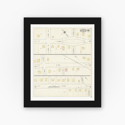 Old map wall art mockup — black gallery frame with white mat — Sanborn Fire Insurance Map from Waxahachie, Ellis County, Texas (1914), Sheet #0013