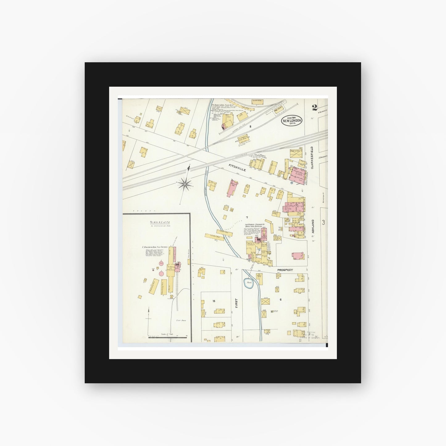 Old map wall art mockup — black gallery frame with white mat — Sanborn Fire Insurance Map from New London, Huron County, Ohio (1904), Sheet #0002