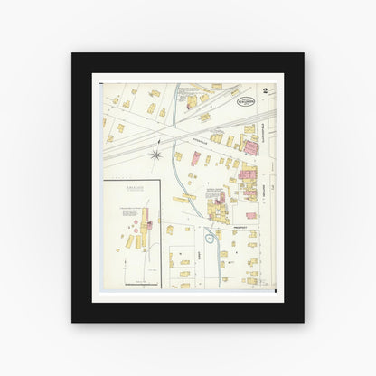 Old map wall art mockup — black gallery frame with white mat — Sanborn Fire Insurance Map from New London, Huron County, Ohio (1904), Sheet #0002