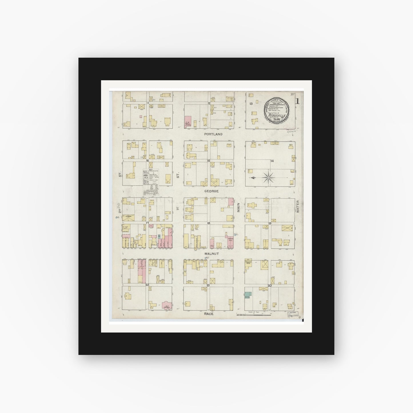 Old map wall art mockup — black gallery frame with white mat — Sanborn Fire Insurance Map from Ridgeville, Randolph County, Indiana (1892) - Complete Map Set