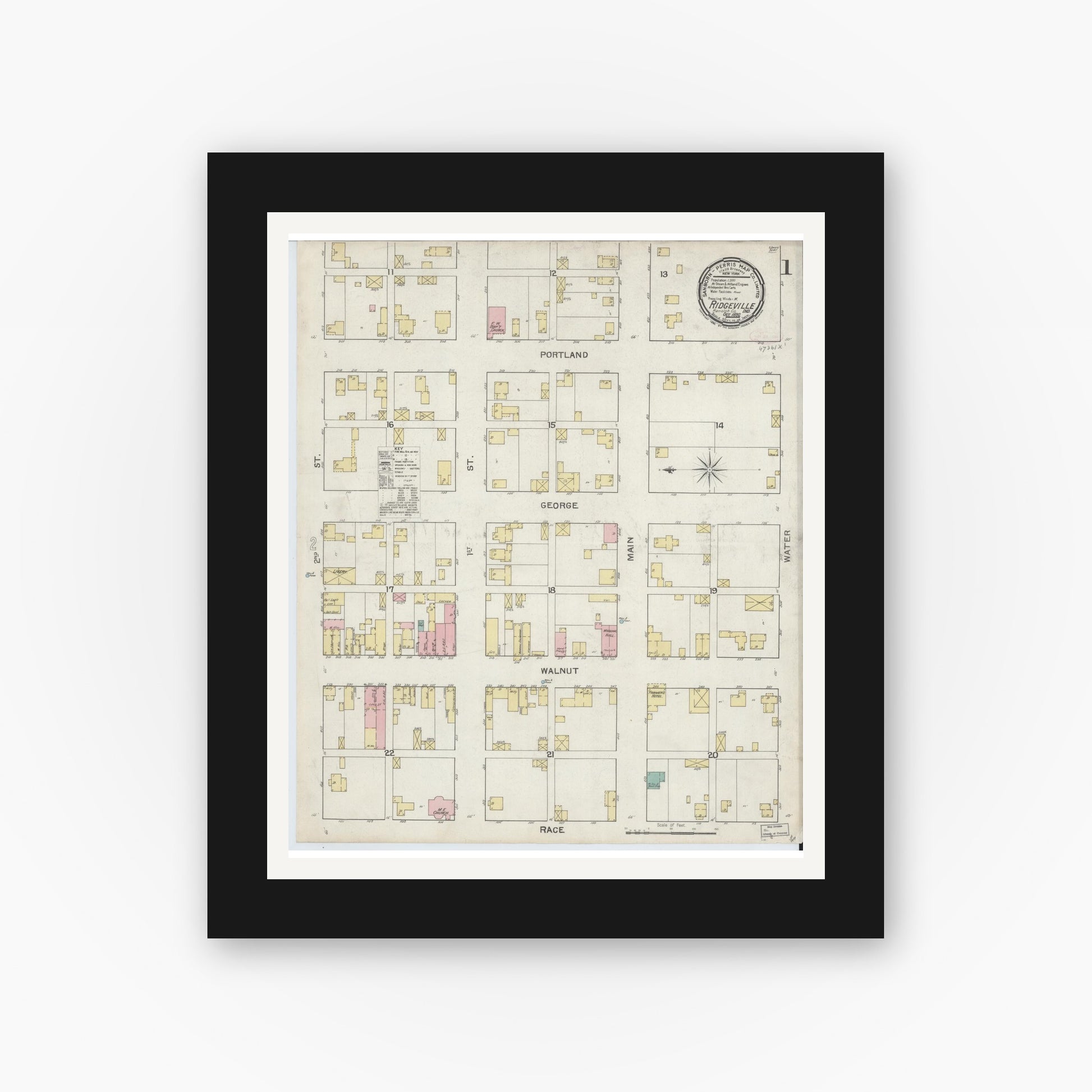 Old map wall art mockup — black gallery frame with white mat — Sanborn Fire Insurance Map from Ridgeville, Randolph County, Indiana (1892) - Complete Map Set