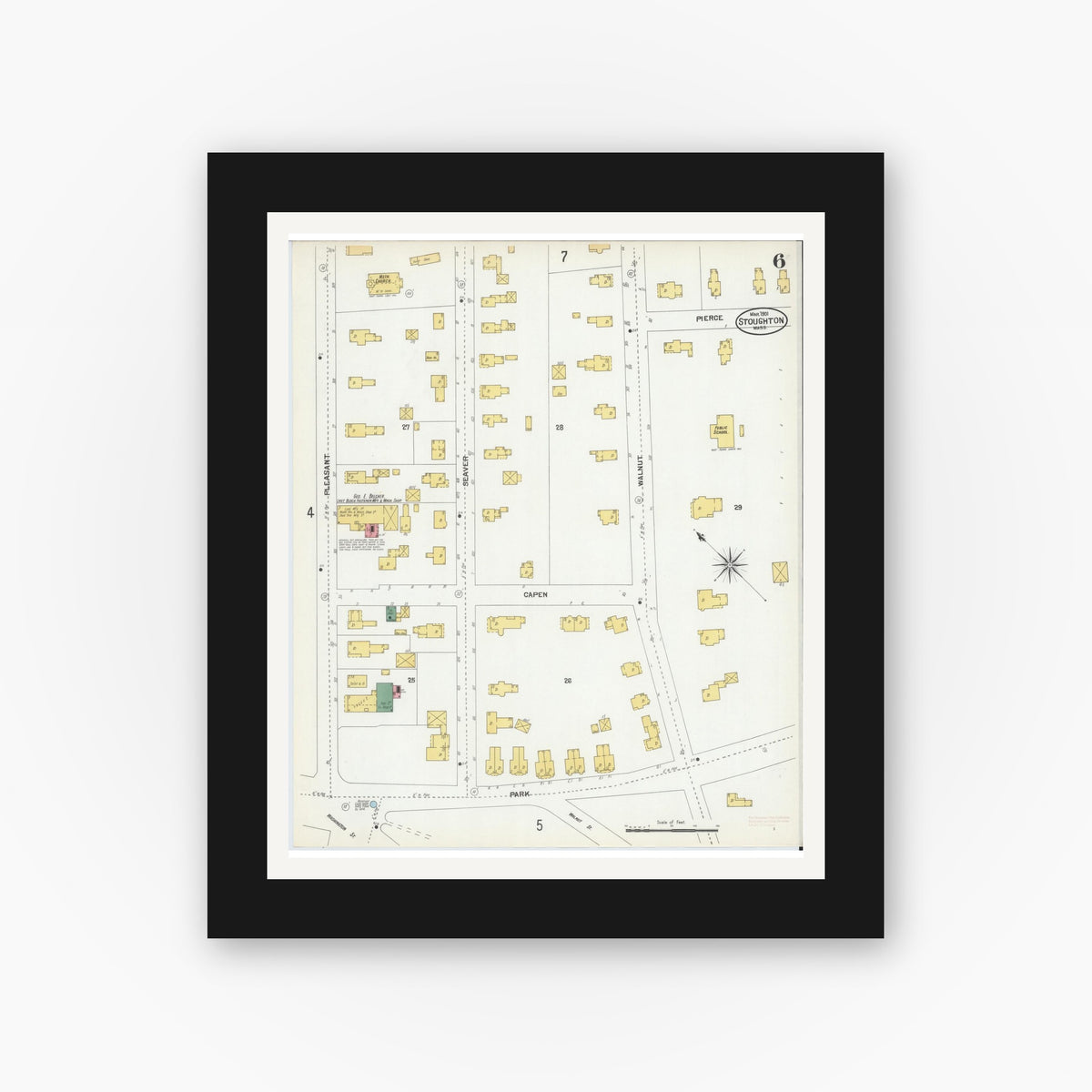 Old map wall art mockup — black gallery frame with white mat — Sanborn Fire Insurance Map from Stoughton, Norfolk County, Massachusetts (1901), Sheet #0006