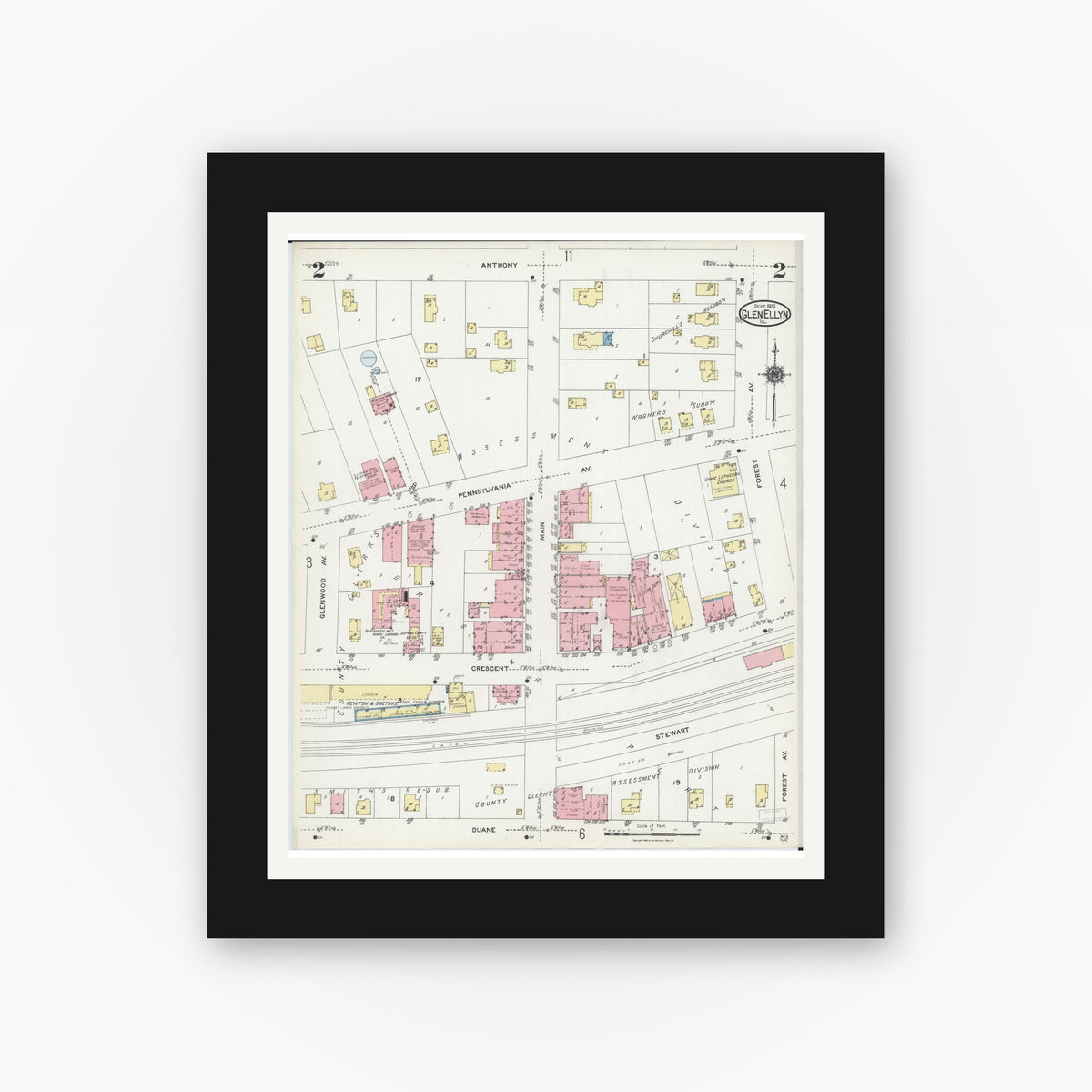 Old map wall art mockup — black gallery frame with white mat — Sanborn Fire Insurance Map from Glen Ellyn, Du Page County, Illinois (1924), Sheet #0002