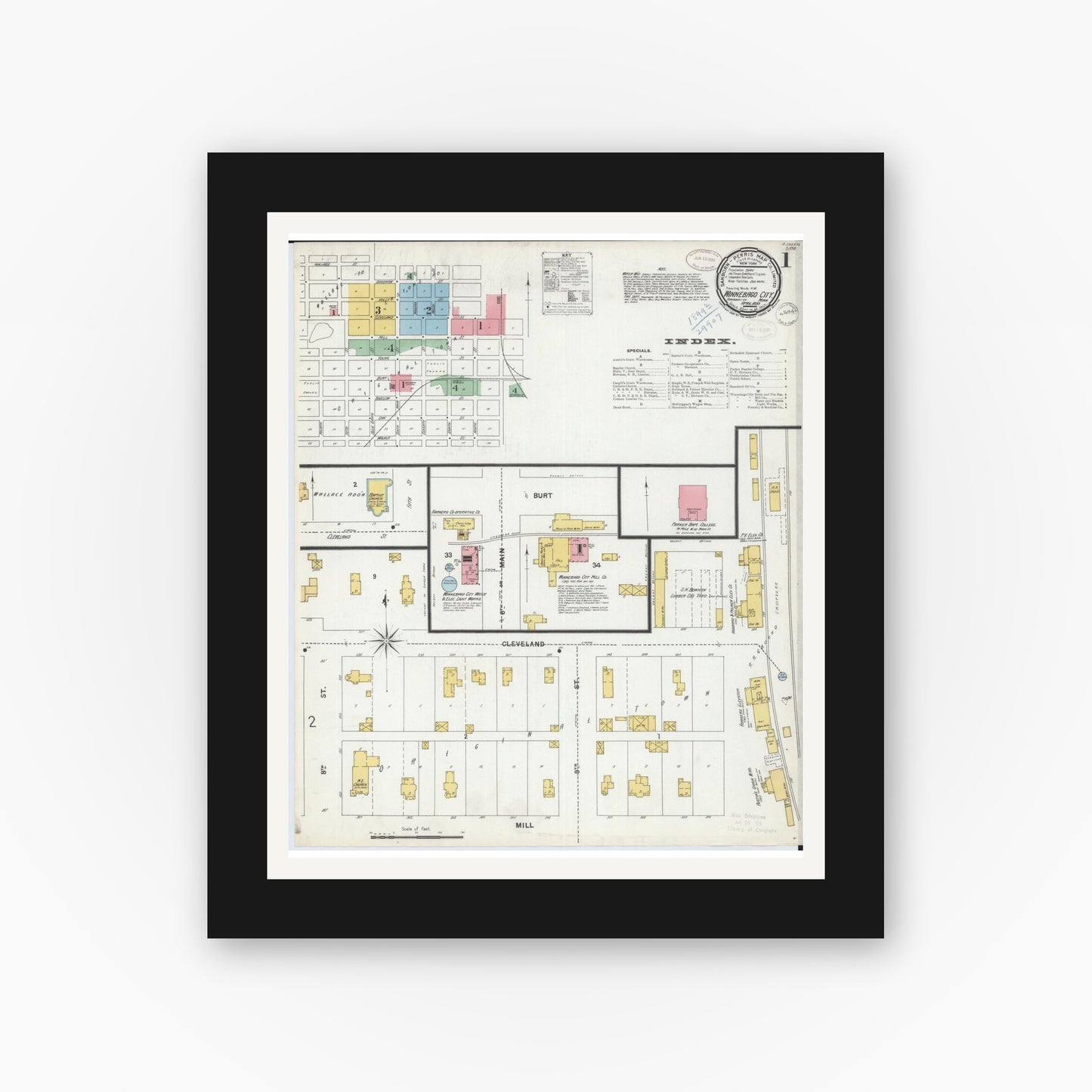 Old map wall art mockup — black gallery frame with white mat — Sanborn Fire Insurance Map from Winnebago, Faribault County, Minnesota (1899), Sheet #0001