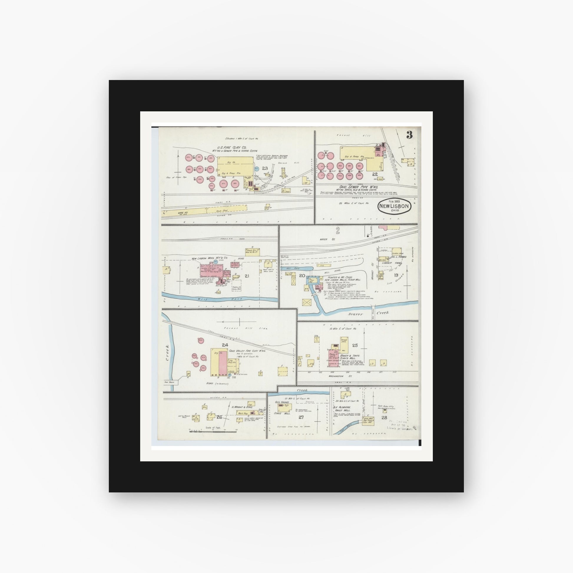Old map wall art mockup — black gallery frame with white mat — Sanborn Fire Insurance Map from New Lisbon, Columbiana County, Ohio (1893), Sheet #0003