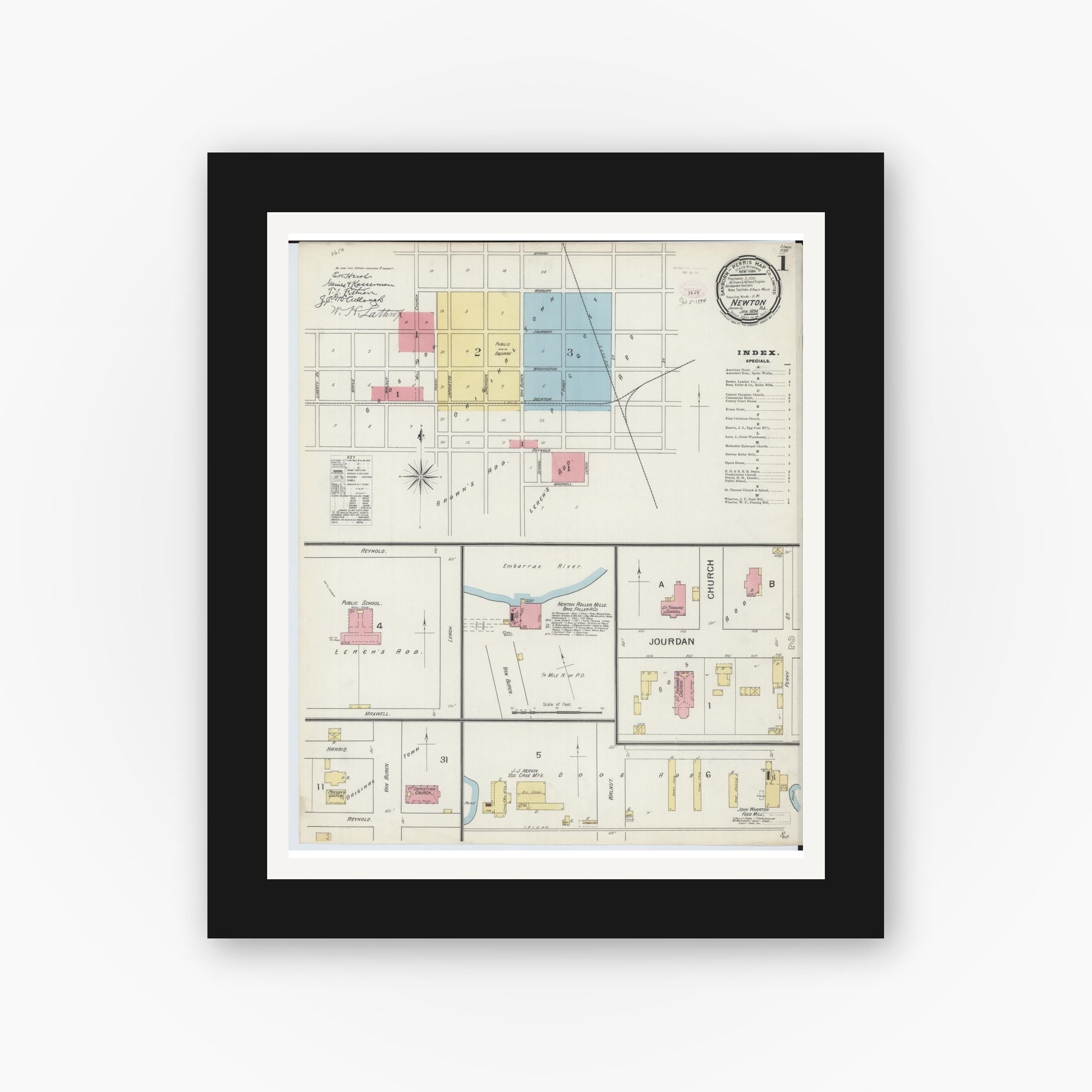 Old map wall art mockup — black gallery frame with white mat — Sanborn Fire Insurance Map from Newton, Jasper County, Illinois (1894) - Complete Map Set