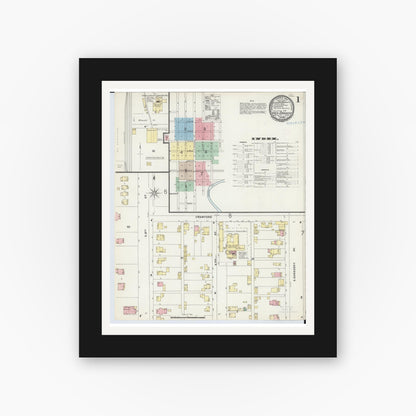Old map wall art mockup — black gallery frame with white mat — Sanborn Fire Insurance Map from Upper Sandusky, Wyandot County, Ohio (1897), Sheet #0001