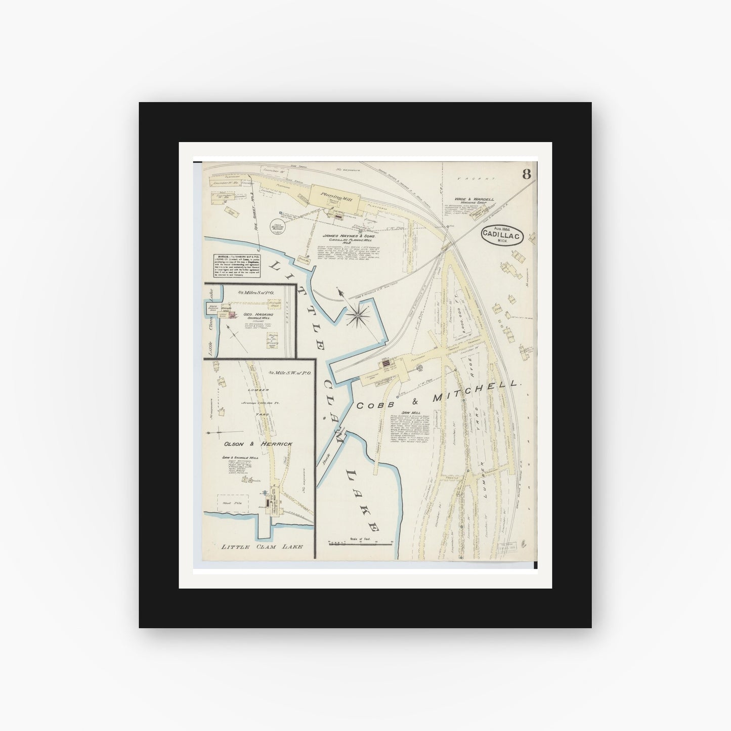 Old map wall art mockup — black gallery frame with white mat — Sanborn Fire Insurance Map from Cadillac, Wexford County, Michigan (1884), Sheet #0008