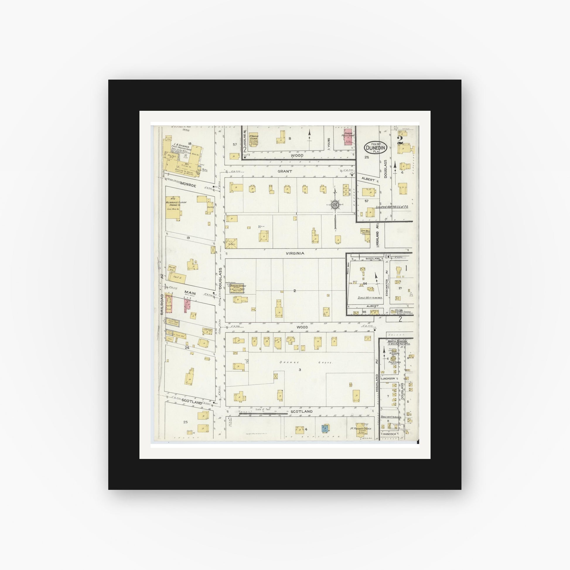 Old map wall art mockup — black gallery frame with white mat — Sanborn Fire Insurance Map from Dunedin, Pinellas County, Florida (1917), Sheet #0002