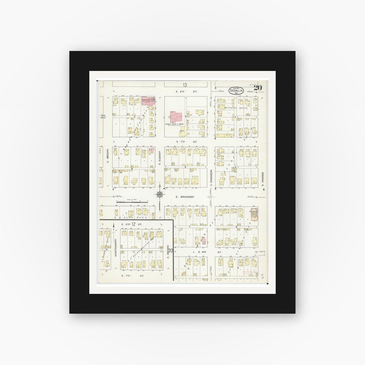 Old map wall art mockup — black gallery frame with white mat — Sanborn Fire Insurance Map from Sedalia, Pettis County, Missouri (1914), Sheet #0020