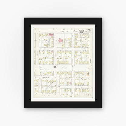Old map wall art mockup — black gallery frame with white mat — Sanborn Fire Insurance Map from Sedalia, Pettis County, Missouri (1914), Sheet #0020