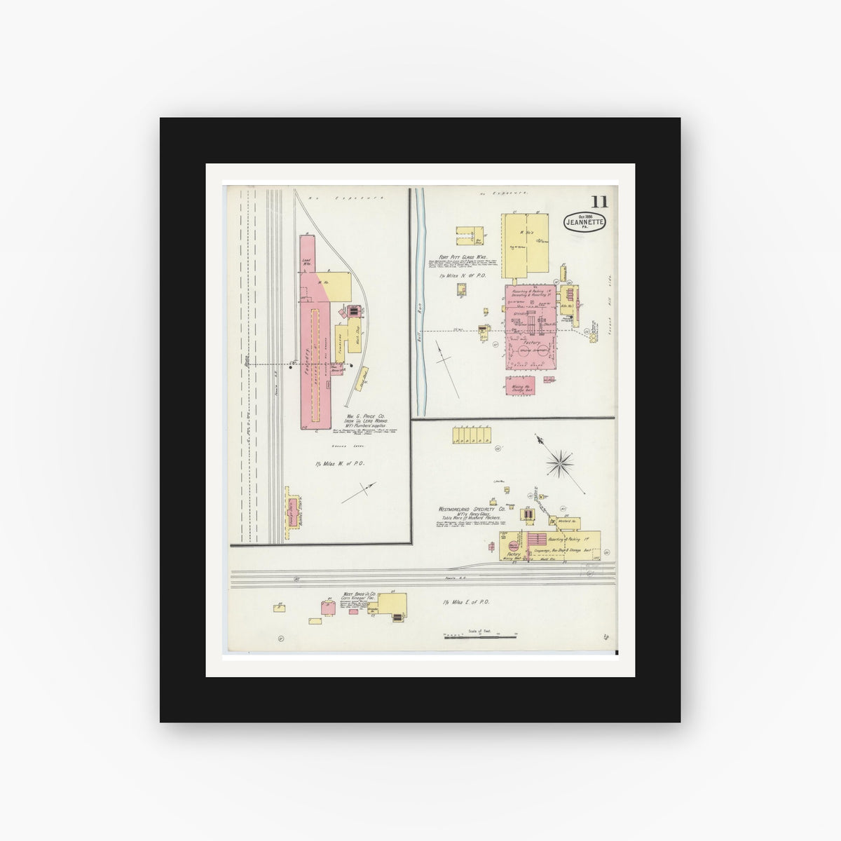 Old map wall art mockup — black gallery frame with white mat — Sanborn Fire Insurance Map from Jeannette, Westmoreland County, Pennsylvania (1895), Sheet #0011
