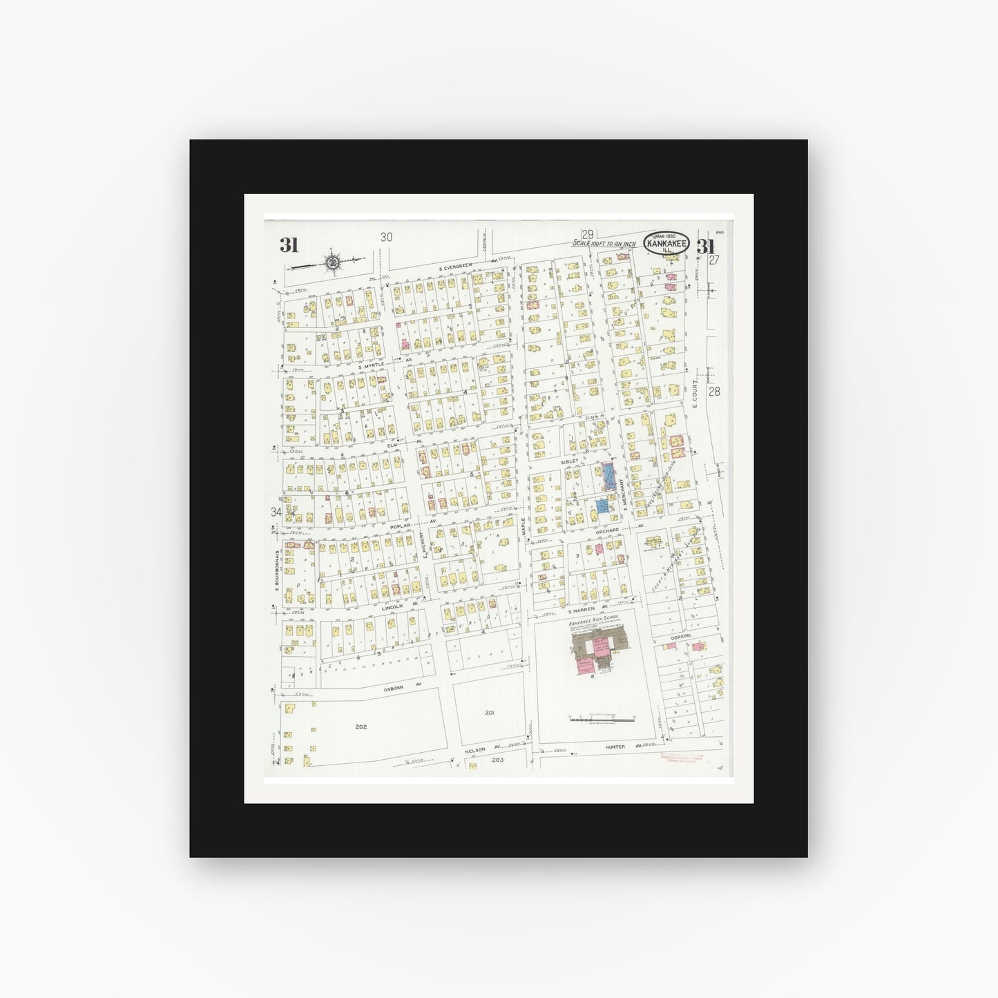 Old map wall art mockup — black gallery frame with white mat — Sanborn Fire Insurance Map from Kankakee, Kankakee County, Illinois (1930), Sheet #0031