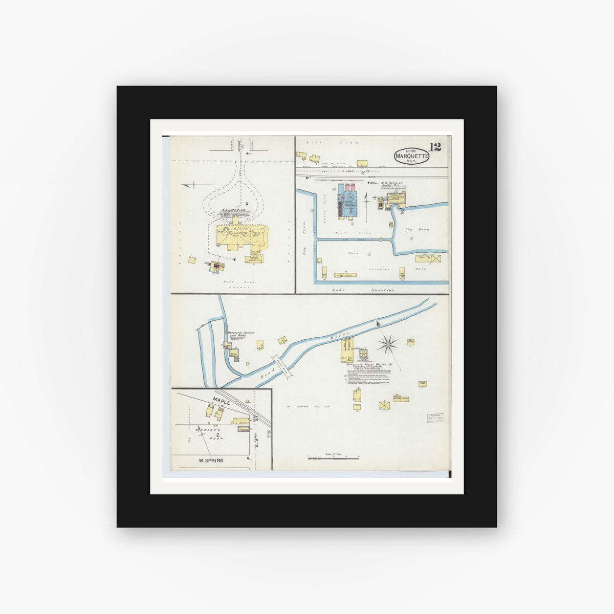Old map wall art mockup — black gallery frame with white mat — Sanborn Fire Insurance Map from Marquette, Marquette County, Michigan (1892), Sheet #0012