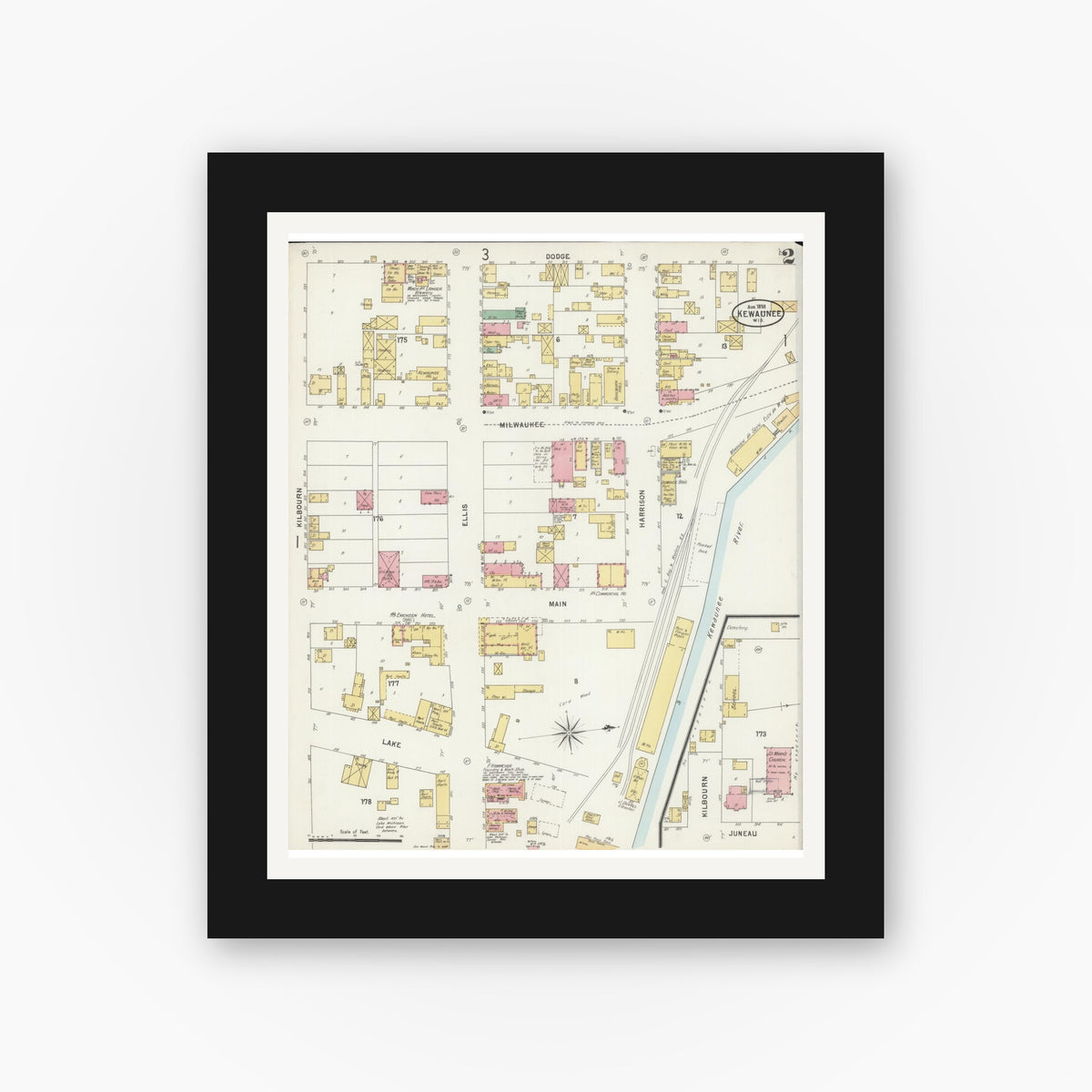 Old map wall art mockup — black gallery frame with white mat — Sanborn Fire Insurance Map from Kewaunee, Kewaunee County, Wisconsin (1898), Sheet #0002