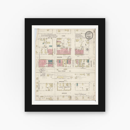 Old map wall art mockup — black gallery frame with white mat — Sanborn Fire Insurance Map from Terrell, Kaufman County, Texas (1885) - Complete Map Set