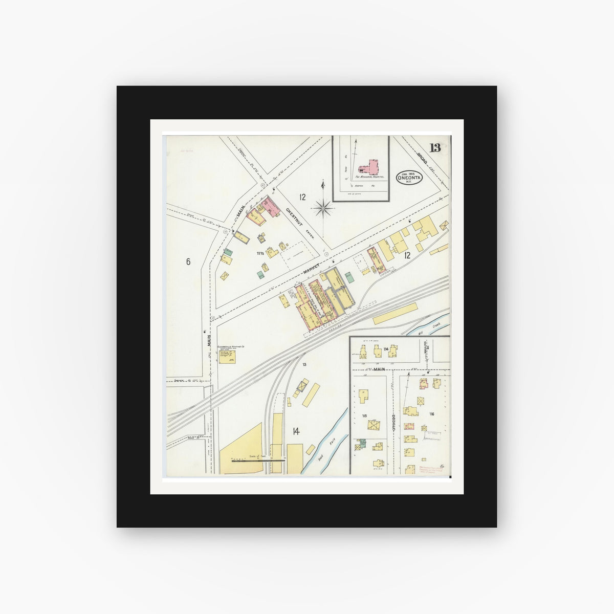 Old map wall art mockup — black gallery frame with white mat — Sanborn Fire Insurance Map from Oneonta, Otsego County, New York (1905), Sheet #0013