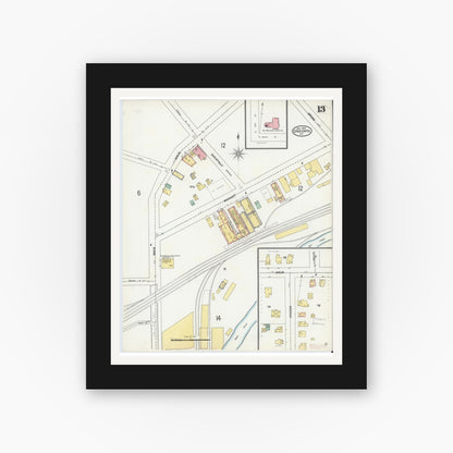 Old map wall art mockup — black gallery frame with white mat — Sanborn Fire Insurance Map from Oneonta, Otsego County, New York (1905), Sheet #0013