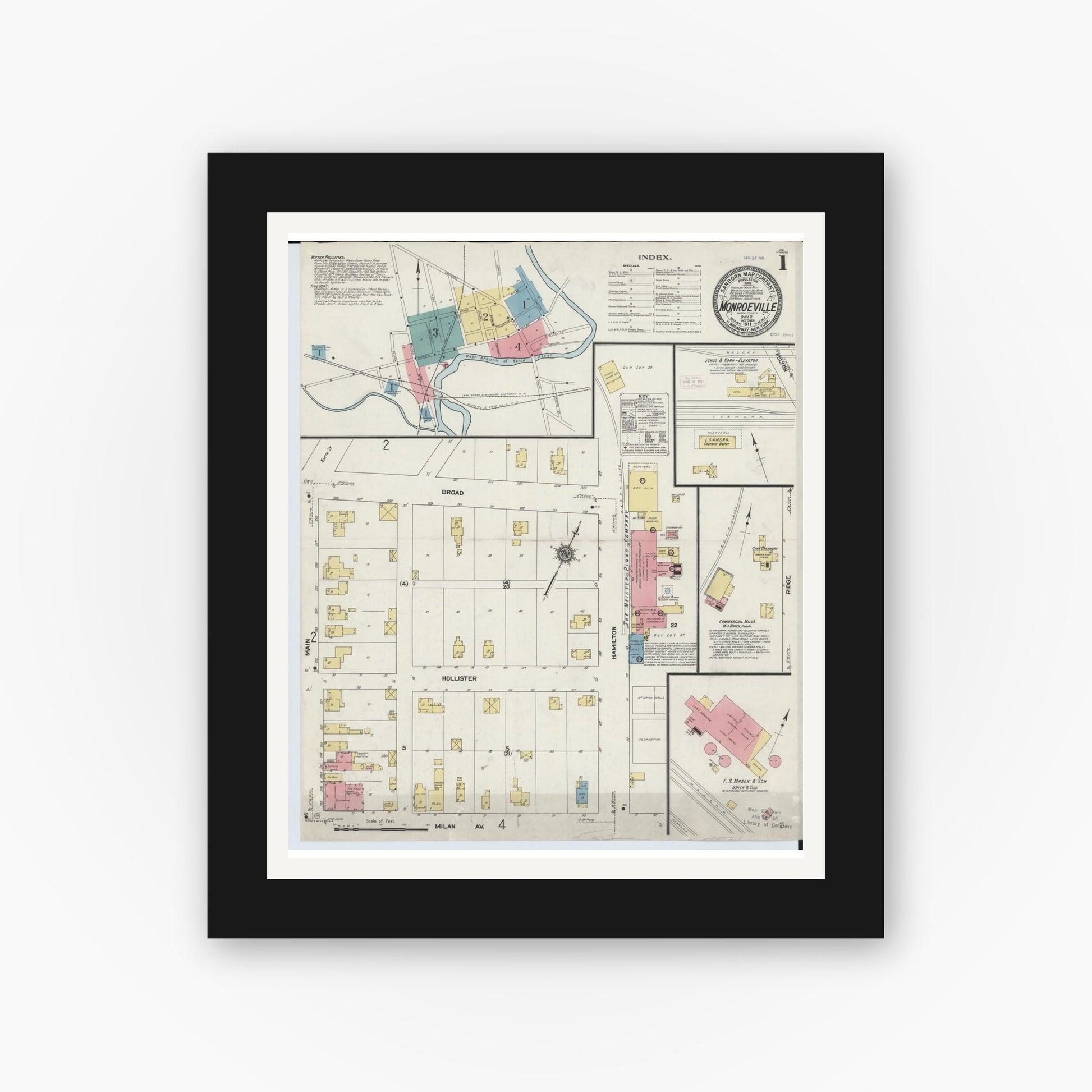 Old map wall art mockup — black gallery frame with white mat — Sanborn Fire Insurance Map from Monroeville, Huron County, Ohio (1911) - Complete Map Set