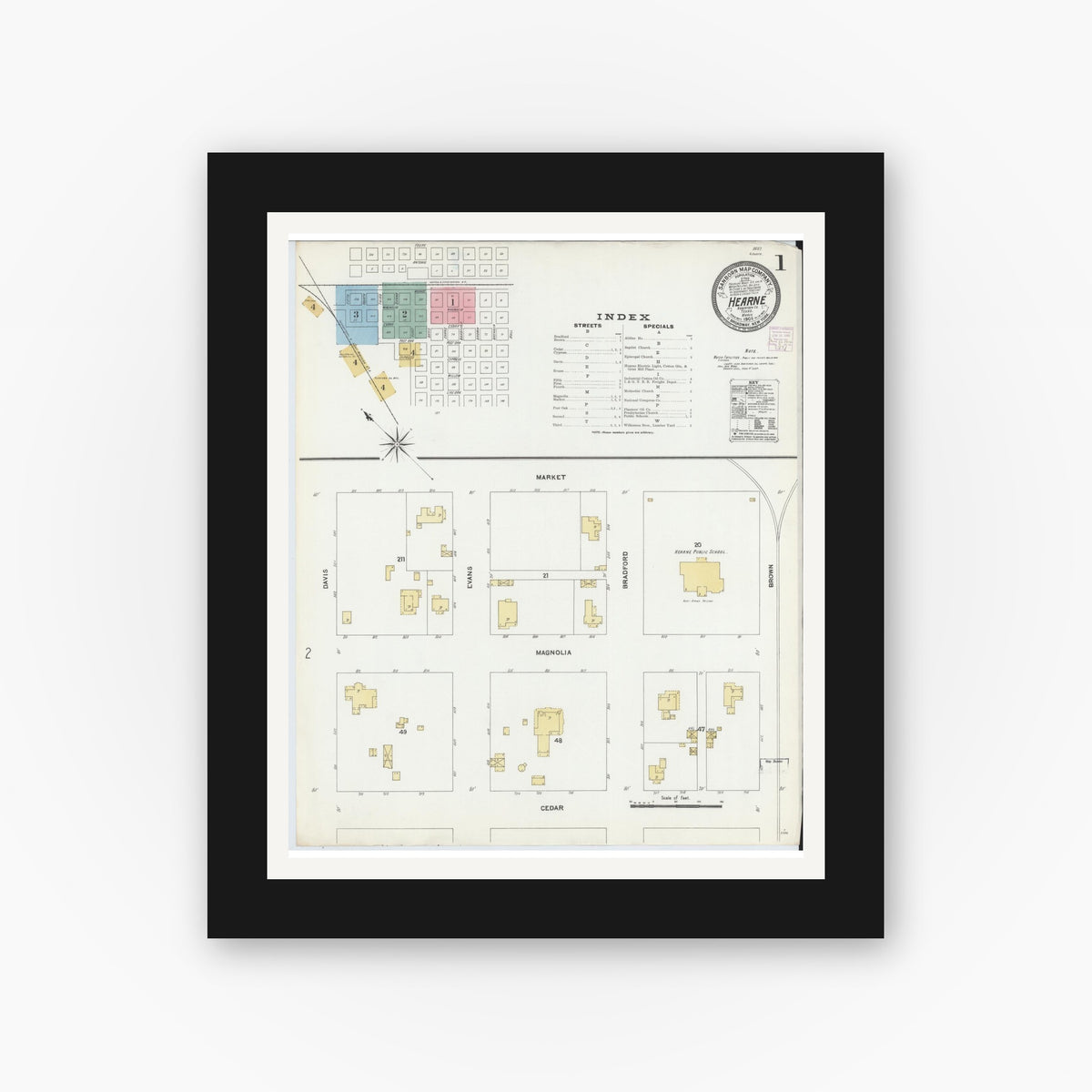 Old map wall art mockup — black gallery frame with white mat — Sanborn Fire Insurance Map from Hearne, Robertson County, Texas (1906) - Complete Map Set