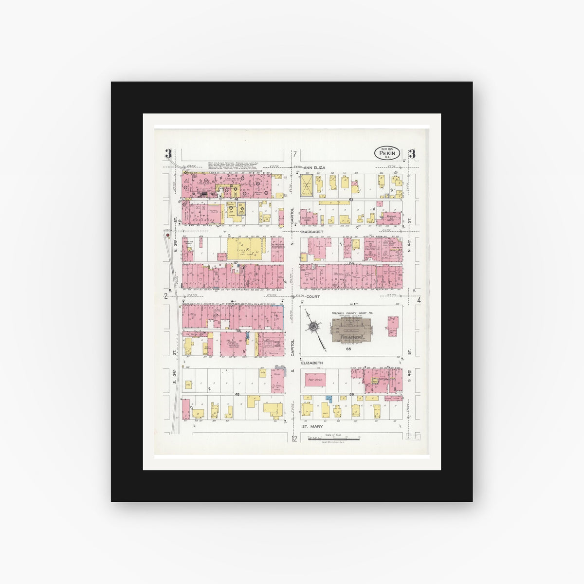 Old map wall art mockup — black gallery frame with white mat — Sanborn Fire Insurance Map from Pekin, Tazewell County, Illinois (1925), Sheet #0003