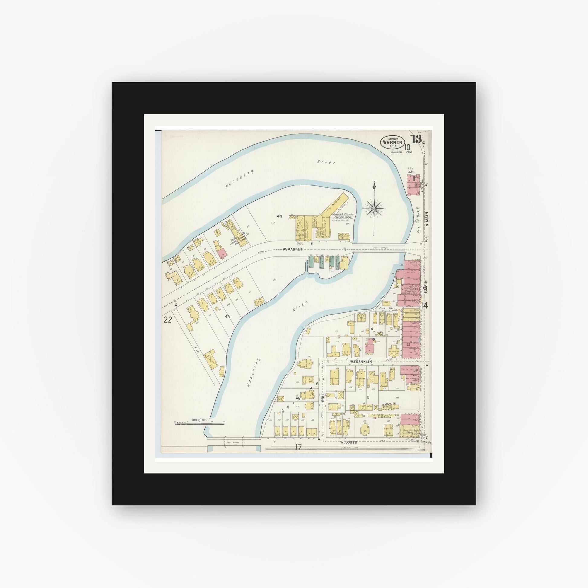 Old map wall art mockup — black gallery frame with white mat — Sanborn Fire Insurance Map from Warren, Trumbull County, Ohio (1902), Sheet #0013
