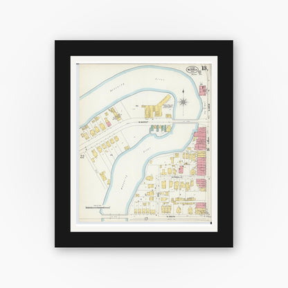 Old map wall art mockup — black gallery frame with white mat — Sanborn Fire Insurance Map from Warren, Trumbull County, Ohio (1902), Sheet #0013