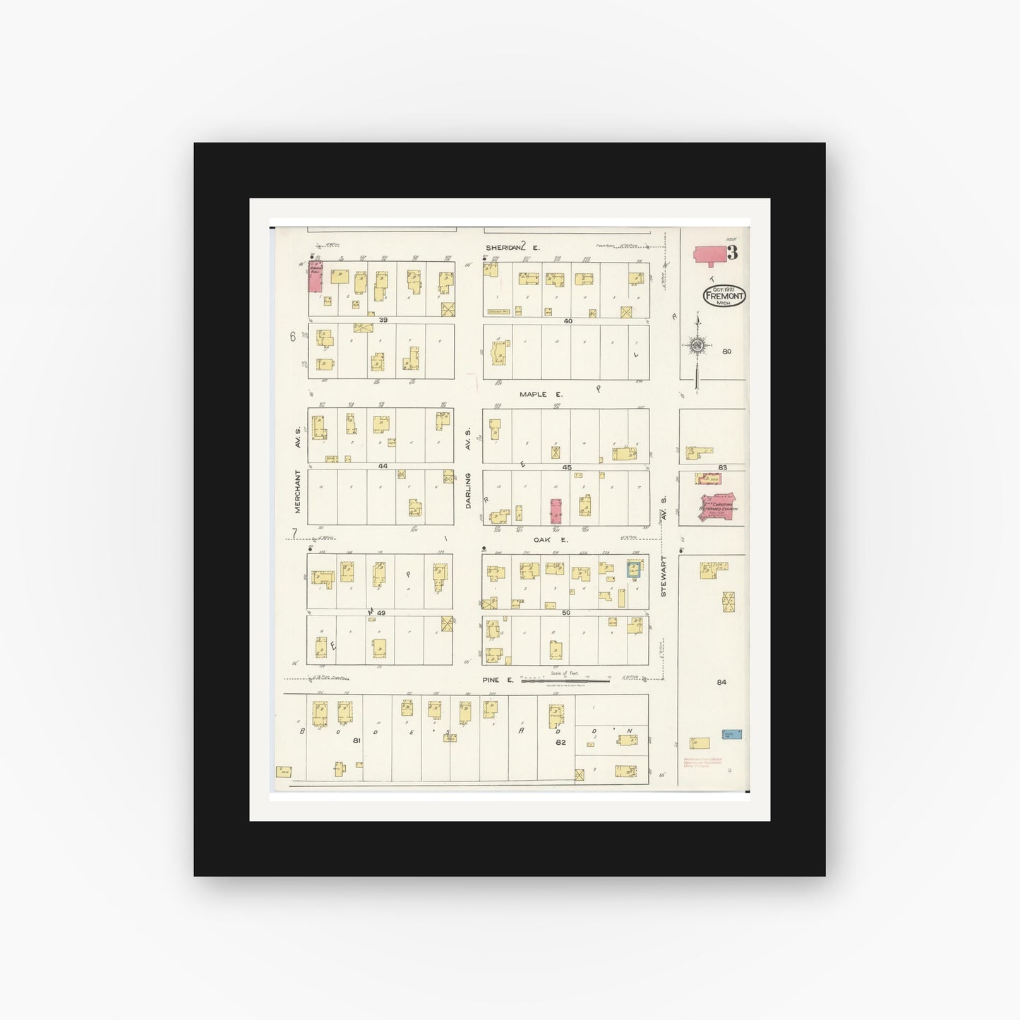 Old map wall art mockup — black gallery frame with white mat — Sanborn Fire Insurance Map from Fremont, Newaygo County, Michigan (1921), Sheet #0003
