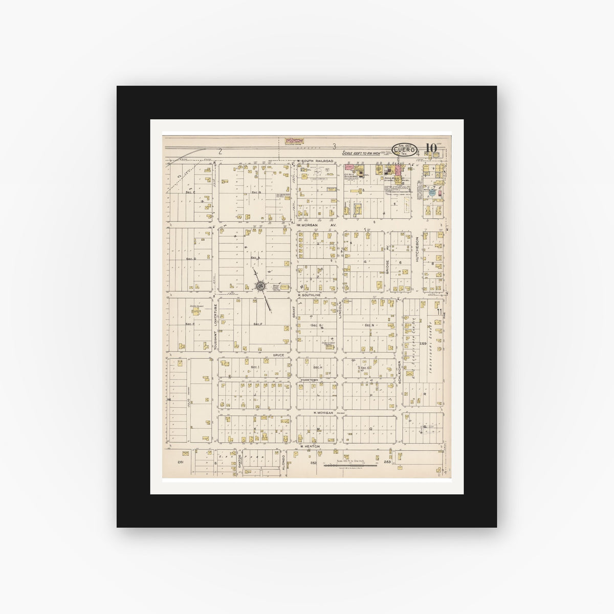 Old map wall art mockup — black gallery frame with white mat — Sanborn Fire Insurance Map from Cuero, De Witt County, Texas (1922), Sheet #0010
