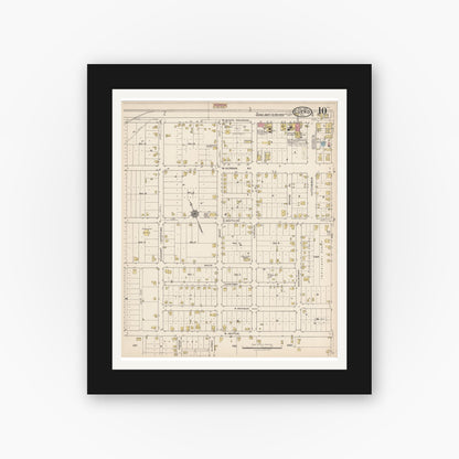 Old map wall art mockup — black gallery frame with white mat — Sanborn Fire Insurance Map from Cuero, De Witt County, Texas (1922), Sheet #0010