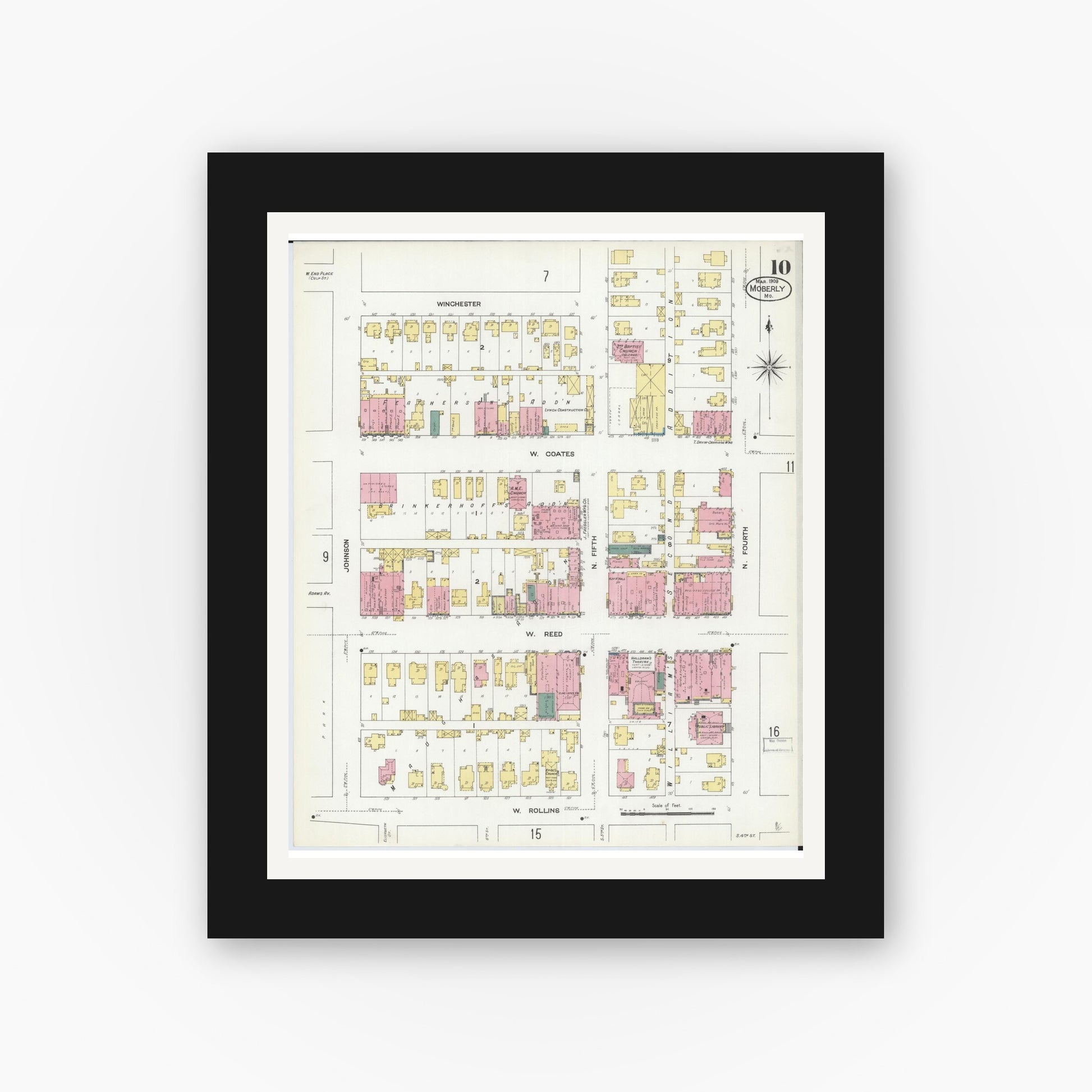 Old map wall art mockup — black gallery frame with white mat — Sanborn Fire Insurance Map from Moberly, Randolph County, Missouri (1909), Sheet #0010