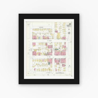 Old map wall art mockup — black gallery frame with white mat — Sanborn Fire Insurance Map from Moberly, Randolph County, Missouri (1909), Sheet #0010