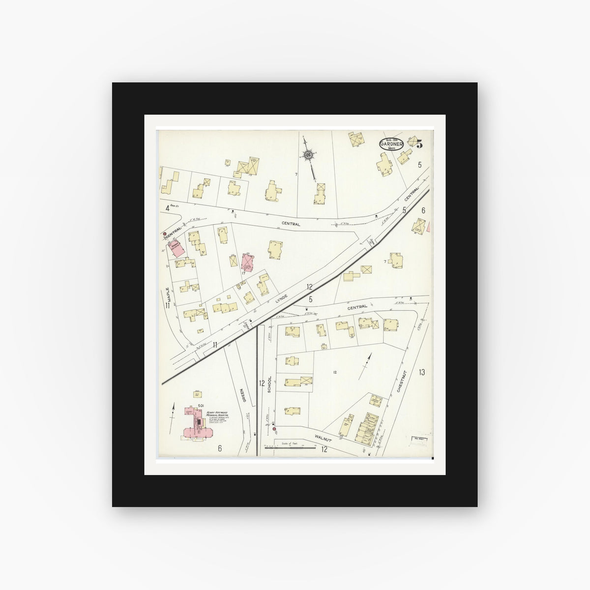 Old map wall art mockup — black gallery frame with white mat — Sanborn Fire Insurance Map from Gardner, Worcester County, Massachusetts (1914), Sheet #0005