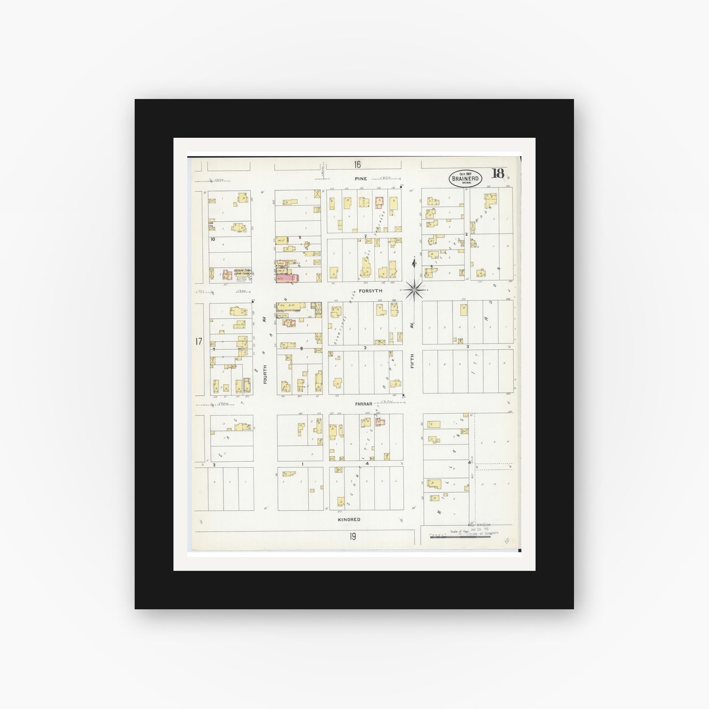 Old map wall art mockup — black gallery frame with white mat — Sanborn Fire Insurance Map from Brainerd, Crow Wing County, Minnesota (1907), Sheet #0018