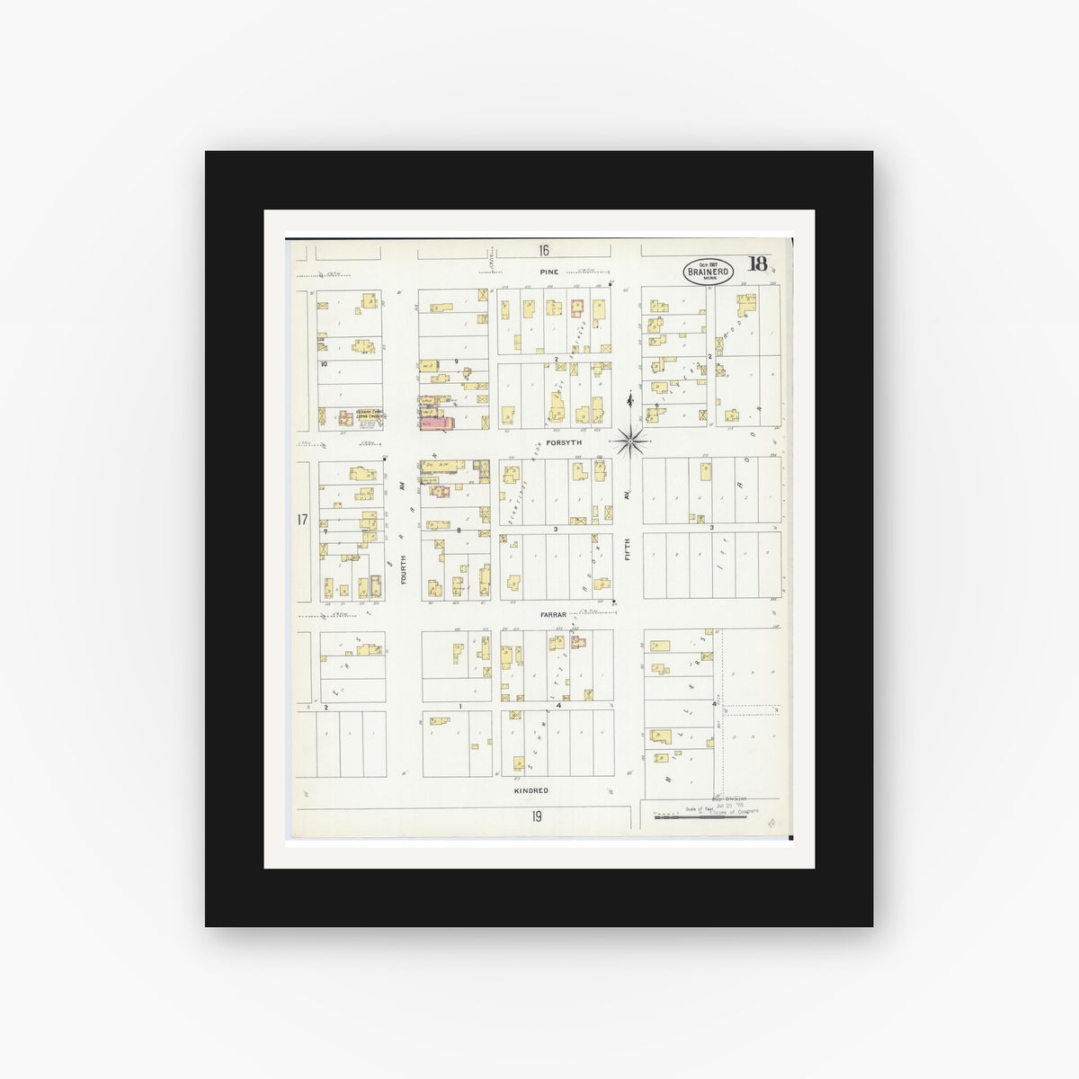 Old map wall art mockup — black gallery frame with white mat — Sanborn Fire Insurance Map from Brainerd, Crow Wing County, Minnesota (1907), Sheet #0018