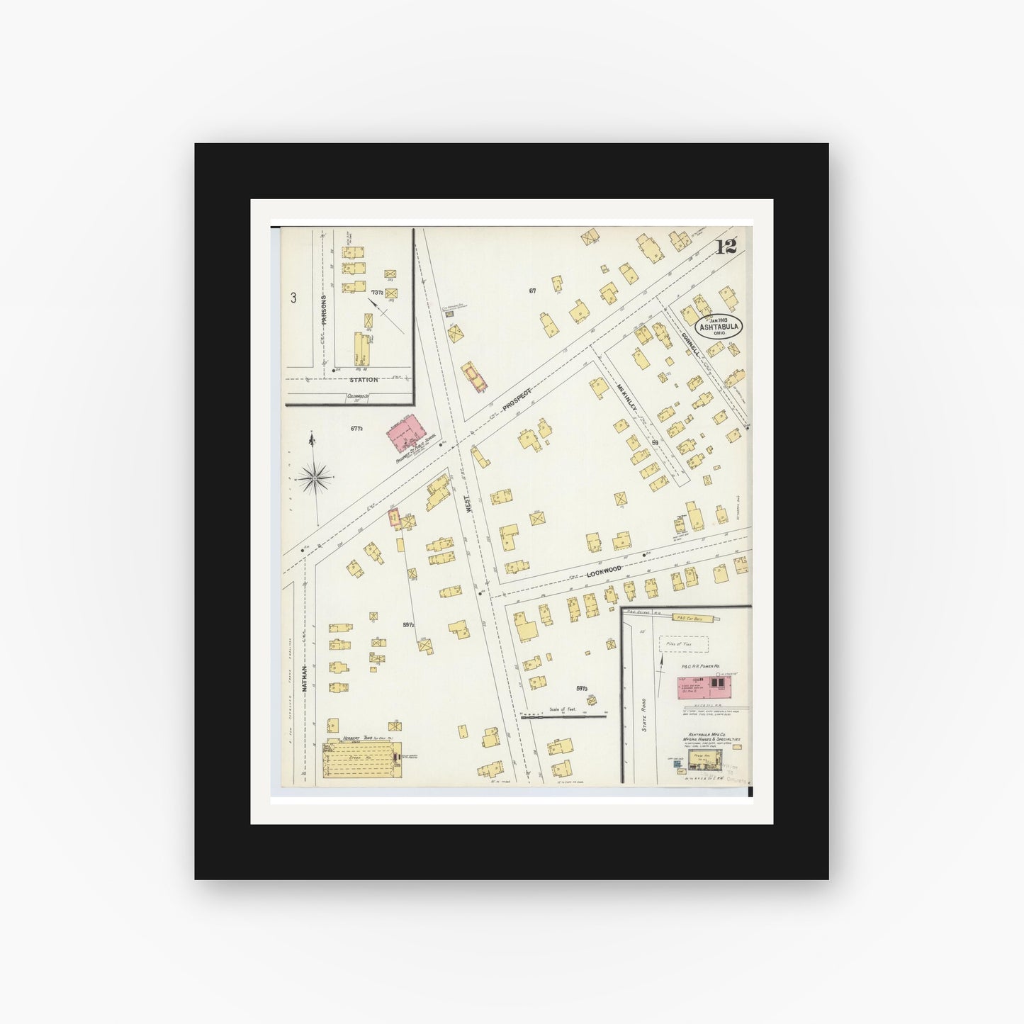 Old map wall art mockup — black gallery frame with white mat — Sanborn Fire Insurance Map from Ashtabula, Ashtabula County, Ohio (1903), Sheet #0012
