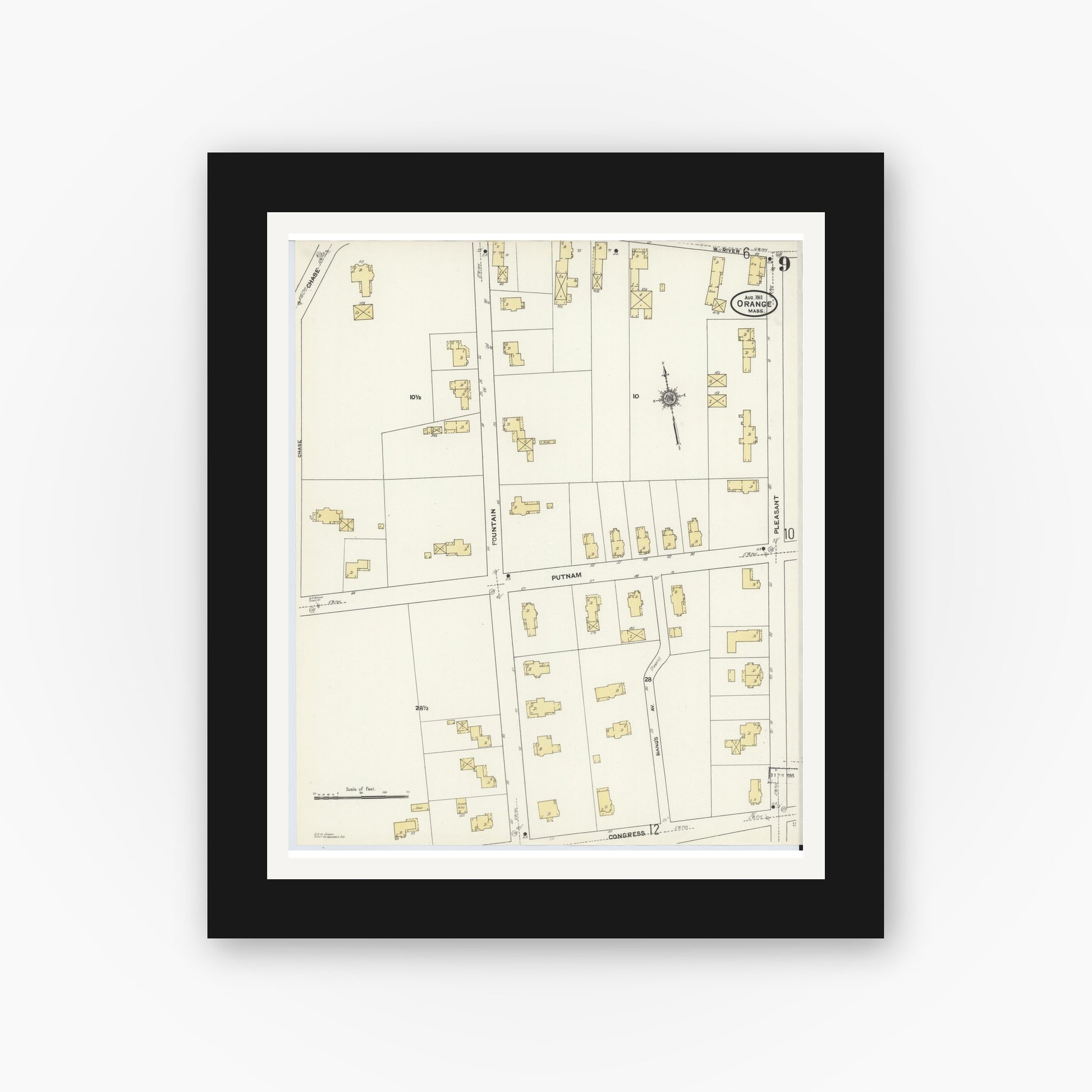 Old map wall art mockup — black gallery frame with white mat — Sanborn Fire Insurance Map from Orange, Franklin County, Massachusetts (1911), Sheet #0009