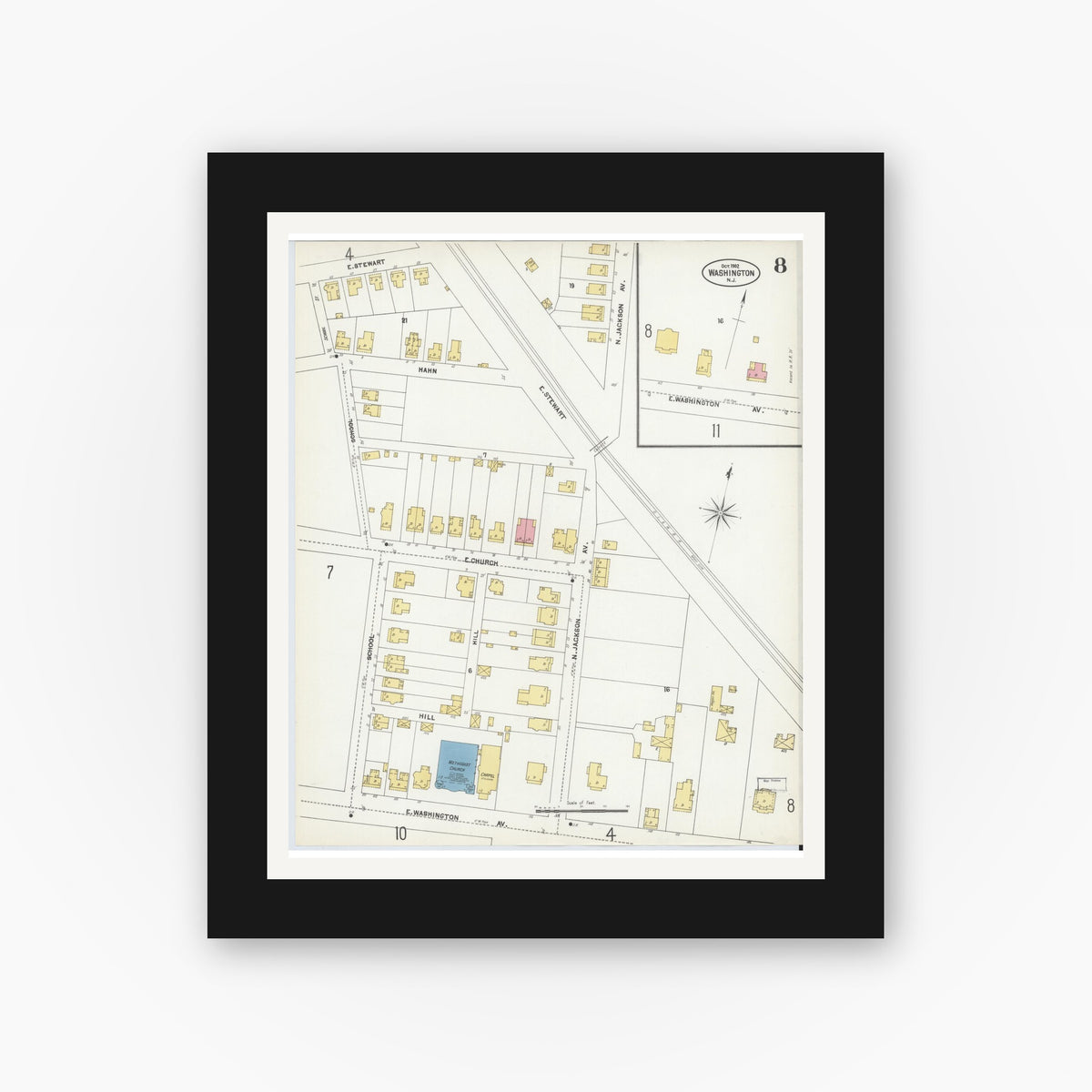 Old map wall art mockup — black gallery frame with white mat — Sanborn Fire Insurance Map from Washington, Warren County, New Jersey (1902), Sheet #0008