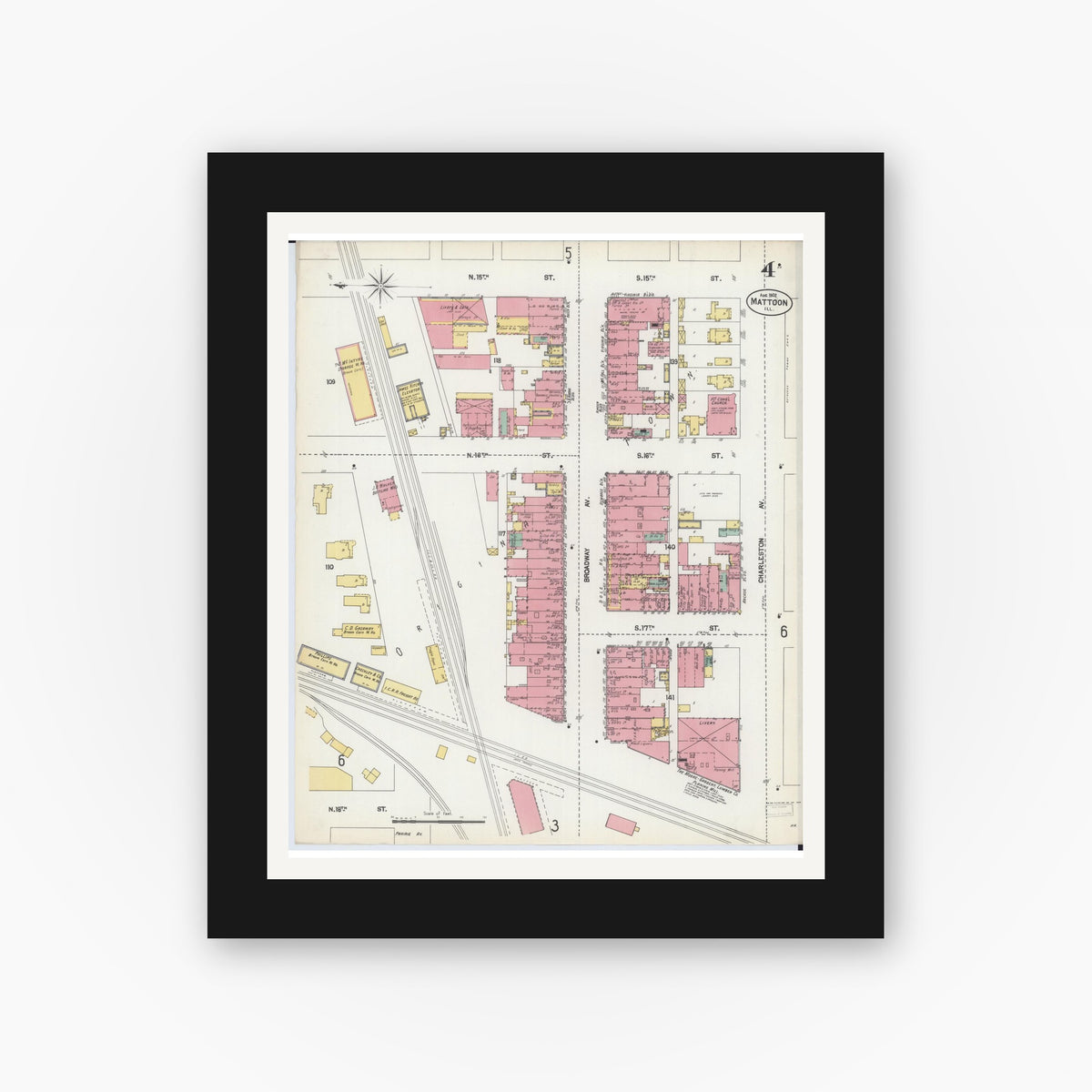 Old map wall art mockup — black gallery frame with white mat — Sanborn Fire Insurance Map from Mattoon, Coles County, Illinois (1902), Sheet #0004