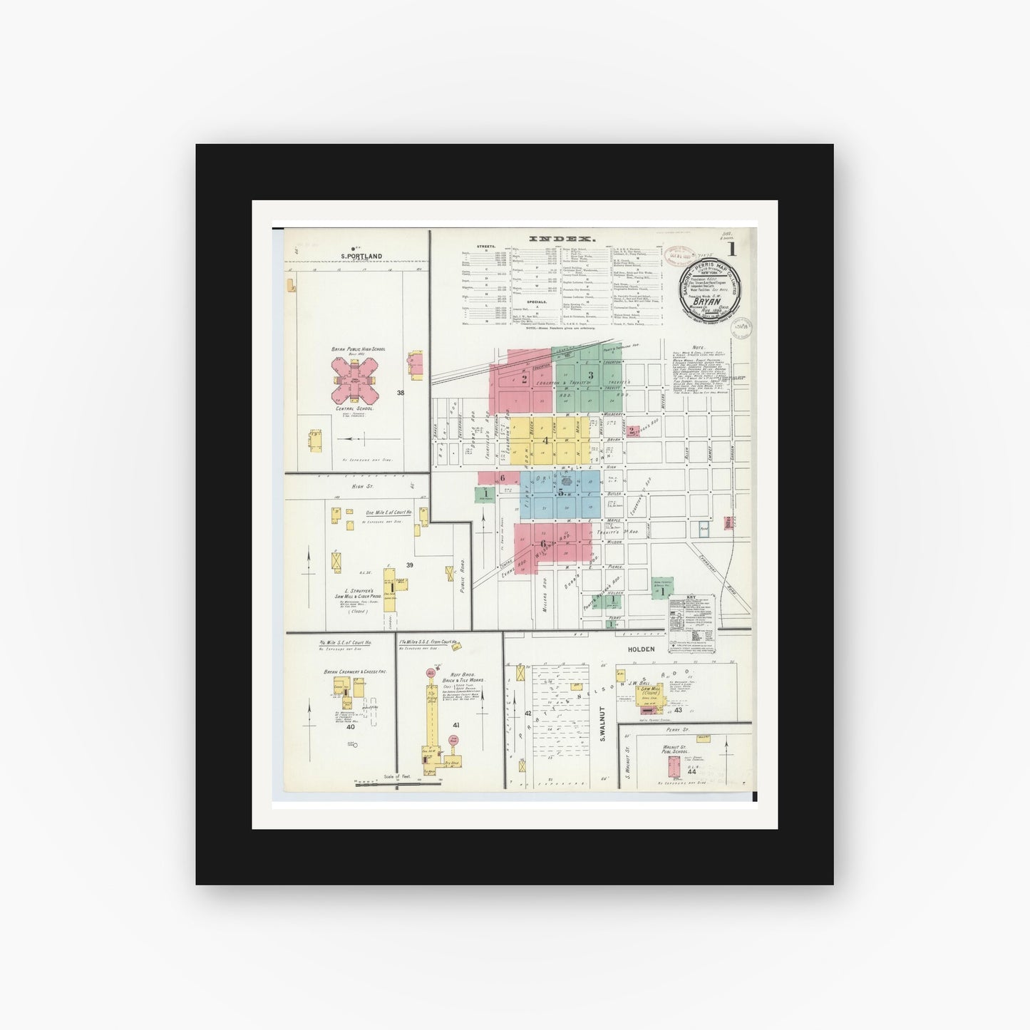 Old map wall art mockup — black gallery frame with white mat — Sanborn Fire Insurance Map from Bryan, Williams County, Ohio (1899) - Complete Map Set