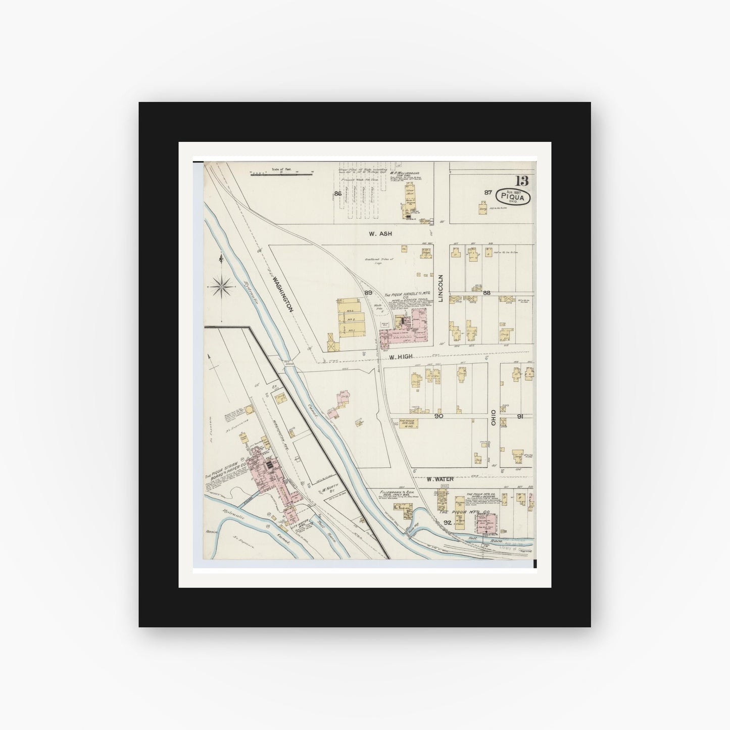 Old map wall art mockup — black gallery frame with white mat — Sanborn Fire Insurance Map from Piqua, Miami County, Ohio (1887), Sheet #0013